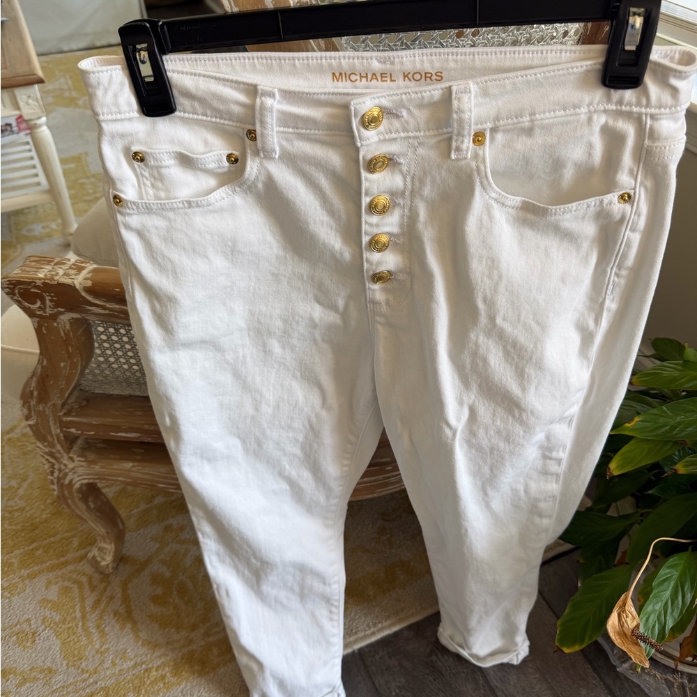 Michael Kors White Skinny Jeans with Gold Button-Fly
